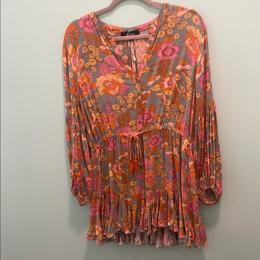 Aakaa Anthropology Pink Orange Dress Bishop Sleeves Fall Boho Romantic Medium